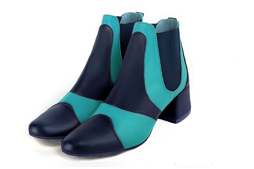 Navy blue women's ankle boots, with elastics. Round toe. Low flare heels. Front view - Florence KOOIJMAN